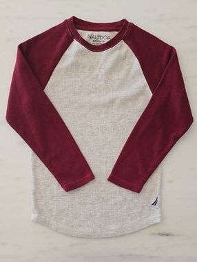 Boys Nautica Maroon Raglan Long Sleeve Tee with Heather White/Gray Body Size 8